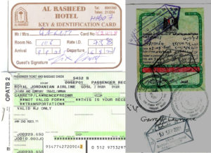 Larry's travel ephemera (clockwise from top left): room card from the hotel, stamped passport page, plane ticket to Baghdad. 